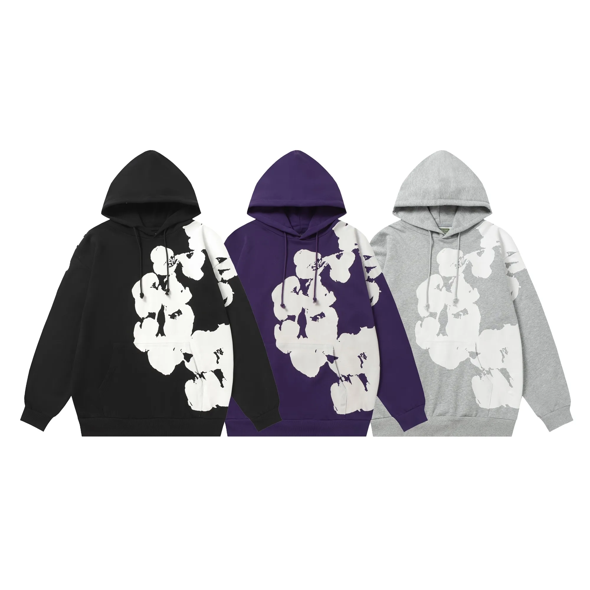 6002# DENIM TEARS Kapok European and American trendy brand high-quality printed hooded sweatshirt set. Terry fabric weighs 380 grams. Threads are customized and dyed in the same color. Color Black Gray Purple Size S-XL